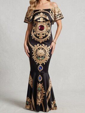Conceptual Subculture XL Off Shoulder Maxi Dress Jewel Baroque Gold Black Formal